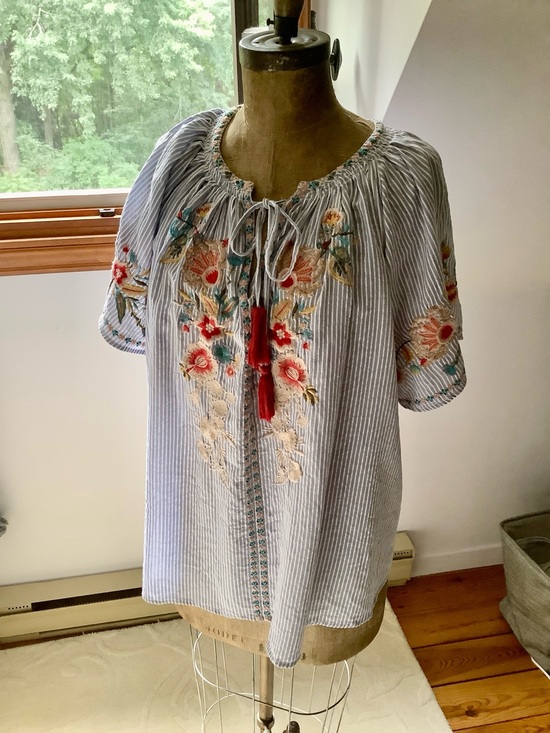 Kyla seo Tops - Blue Striped Embroidered Peasant Blouse with Red Tassels